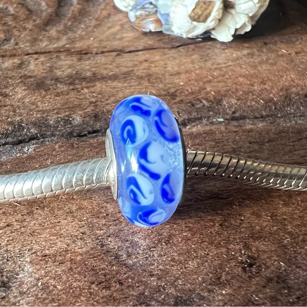 Chamilia Murano Glass Indigo Blue Aqua Spots Clouds Sterling Silver Bead Beach
